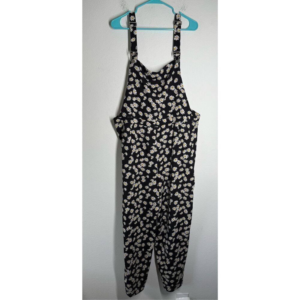 Shein Curve Women’s Daisy Print Textured Wide Leg Jumpsuit Black Size 4XL